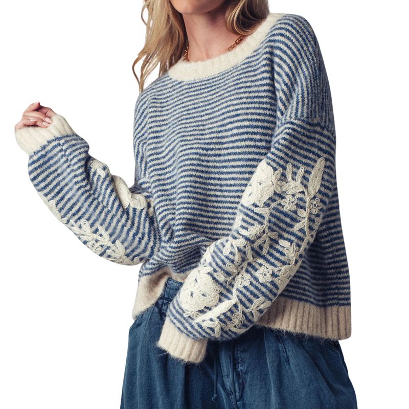 Striped Embroidered Sleeve Sweater- Blue
