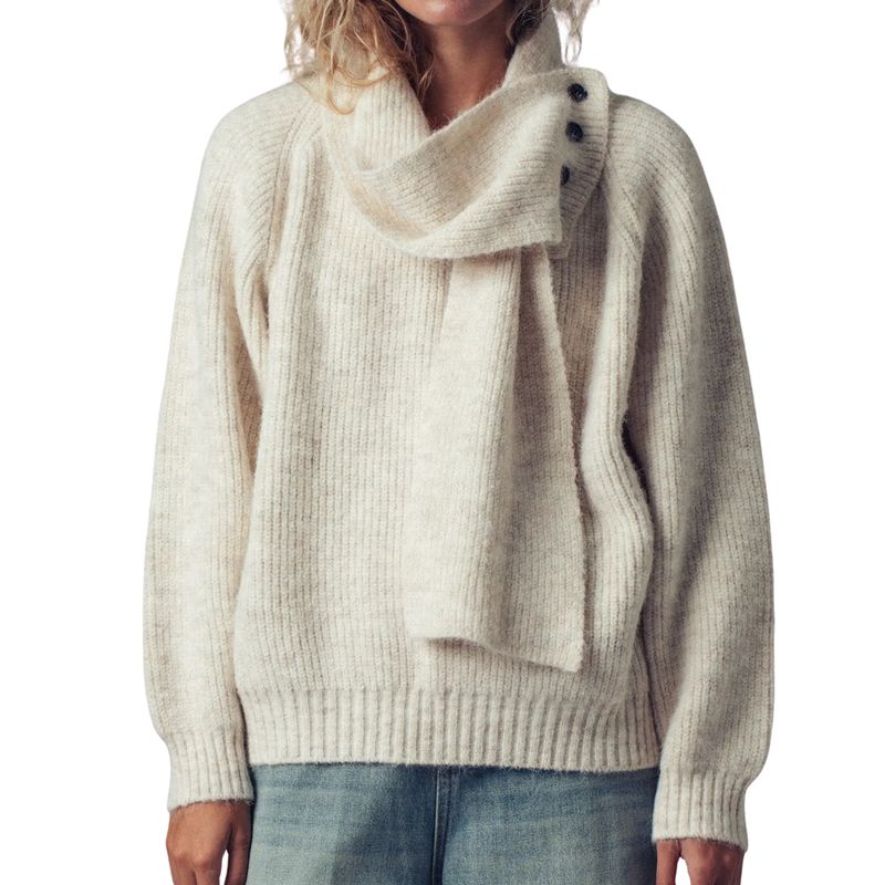 Detachable Scarf Ribbed Knit Sweater Top- Ivory