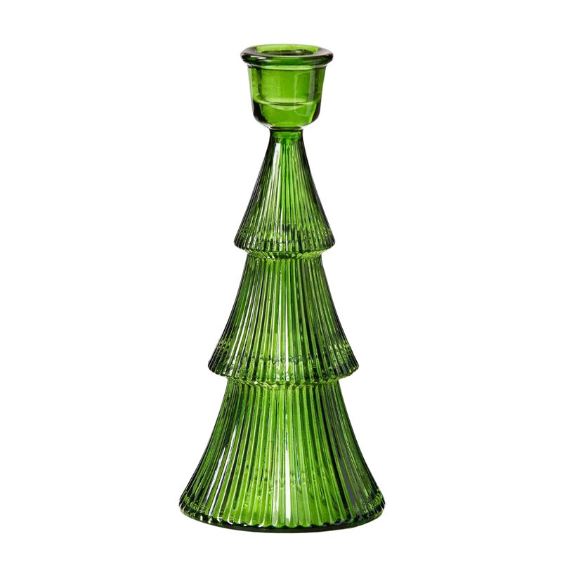 Large Green Christmas Glass Ribbed Tree Taper Holder