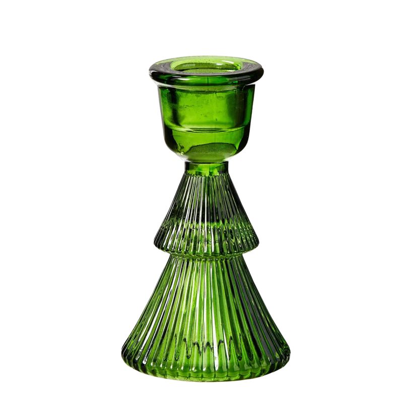 Small Green Christmas Glass Ribbed Tree Taper Holder
