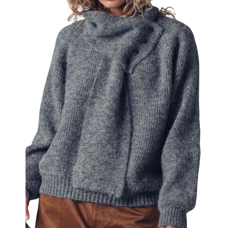 Detachable Scarf Ribbed Knit Sweater Top- Gray