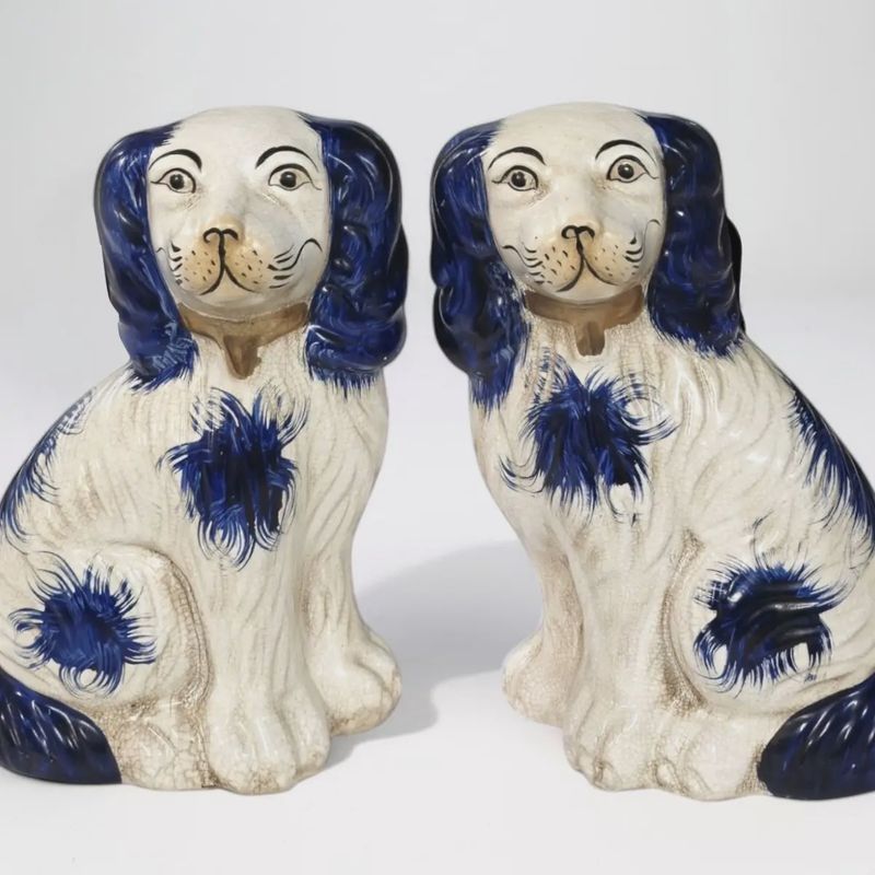 Blue and White Ceramic Staffordshire Dog Pair