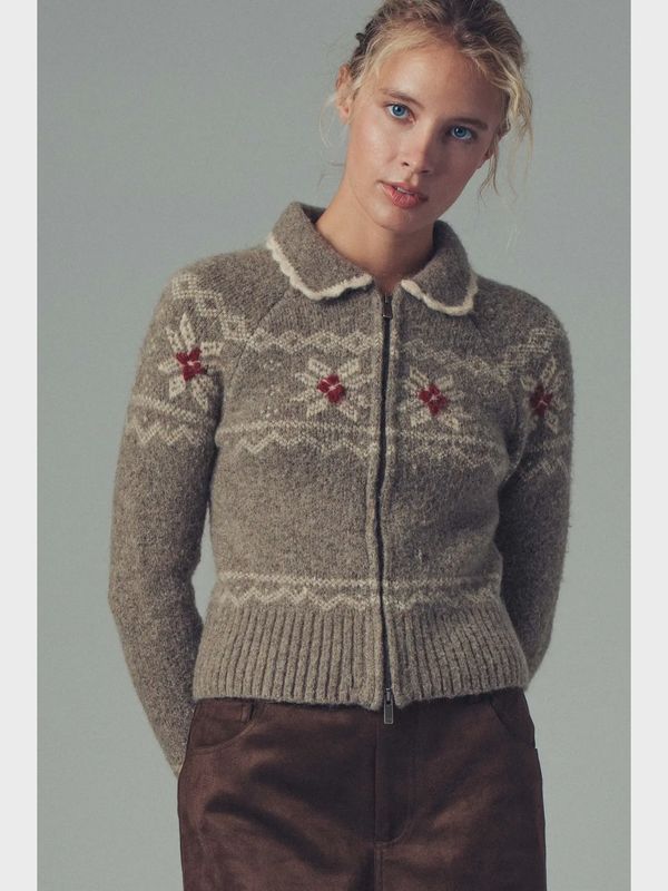 Fair Isle Zip-Up Knit Cardigan