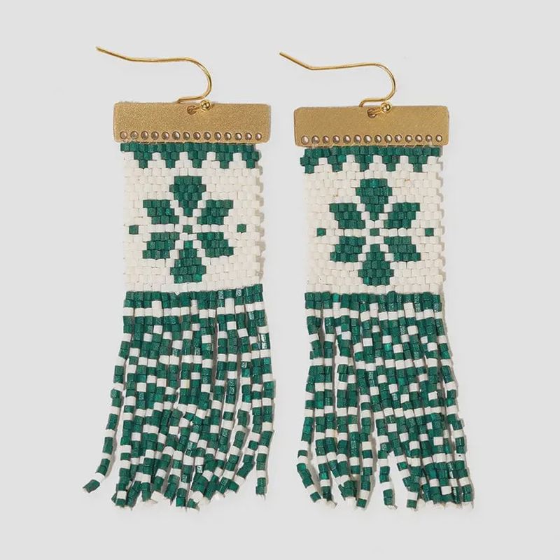 Holiday Beaded Fringe Earrings Green
