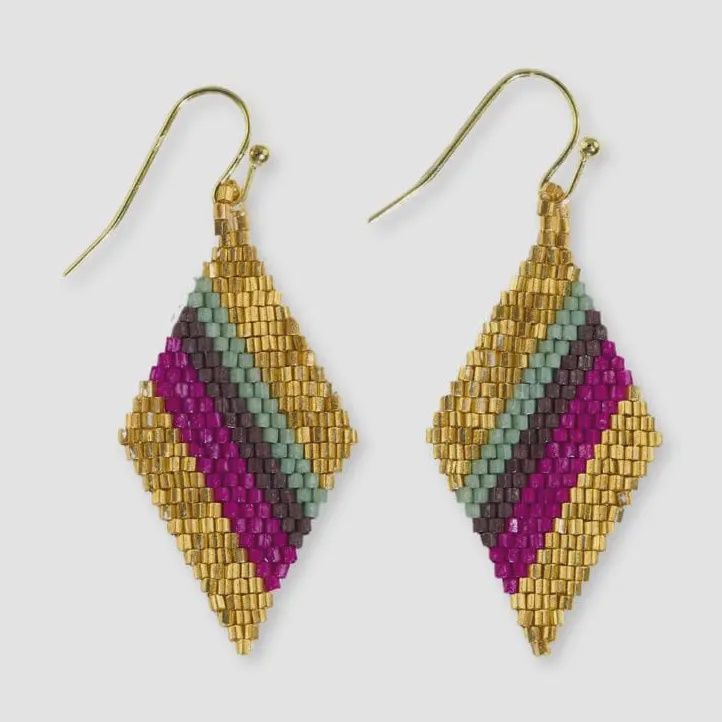 Zelda Diagonal Stripes Beaded Diamond Drop Earrings Magenta and Gold
