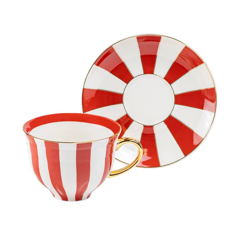 Red Carousel Stripes – 10oz Fine Porcelain Cup &amp; Saucer