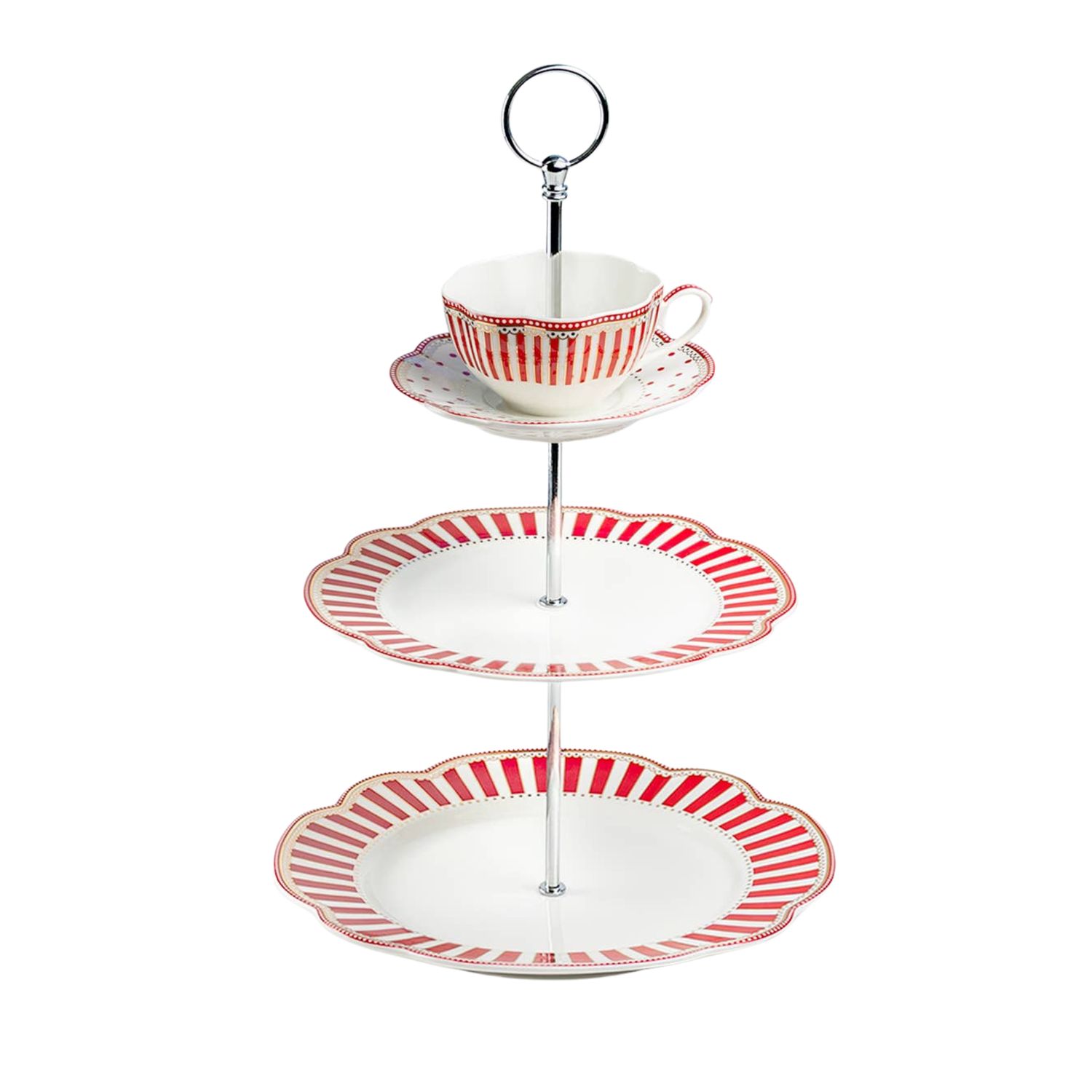 Red Josephine Stripes and Dots – Fine Porcelain 3-Tier Server