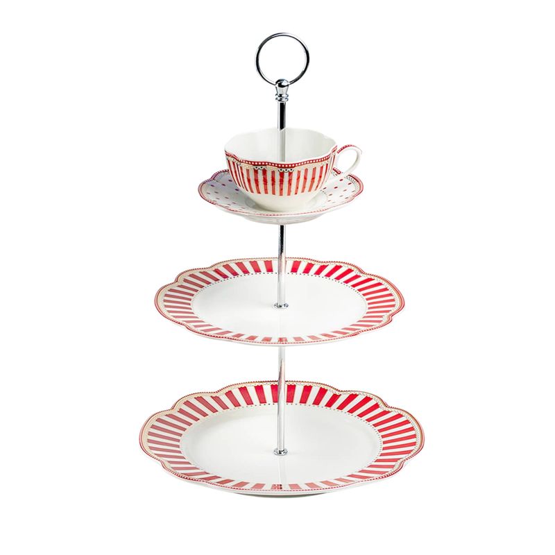 Red Josephine Stripes and Dots – Fine Porcelain 3-Tier Server