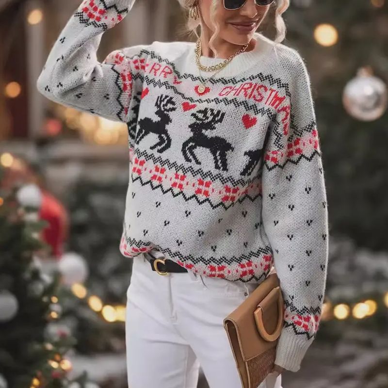 Christmas Elk &amp; Letter Jacquard Sweater – Grey