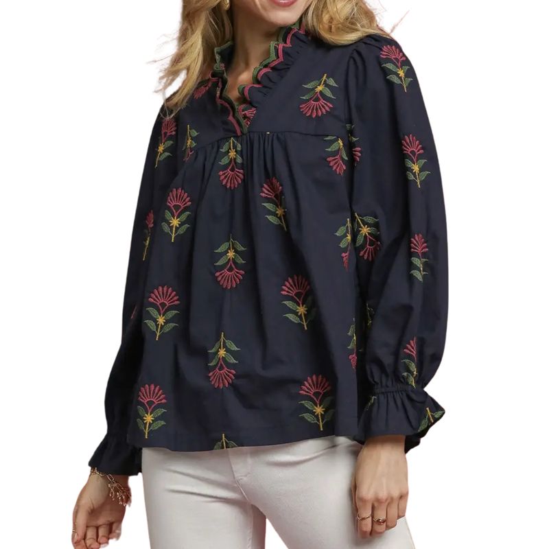 Embroidered Floral Ruffle Neck Blouse