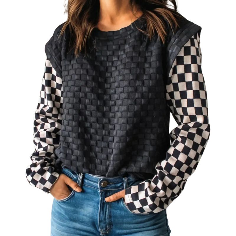 Plaid Textured Contrast Checkered Long Sleeve Top