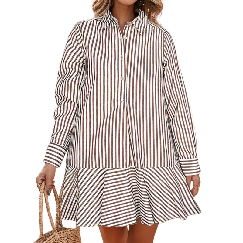 Stripe Ruffled Hem Collared Long Sleeve Shirt Dress