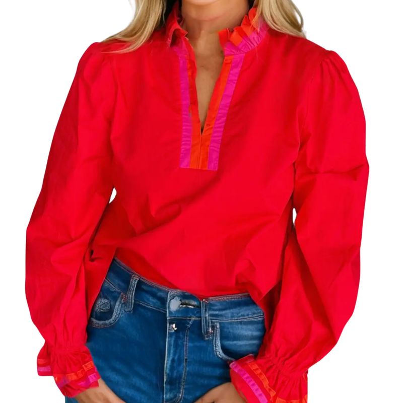 Striped Trim Ruffle Split Neck Long Sleeve Blouse