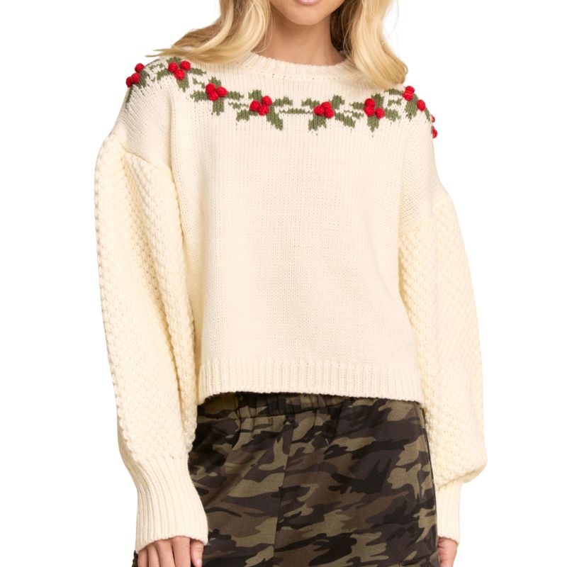 Holly Wreath Patterned Balloon Sleeve Sweater