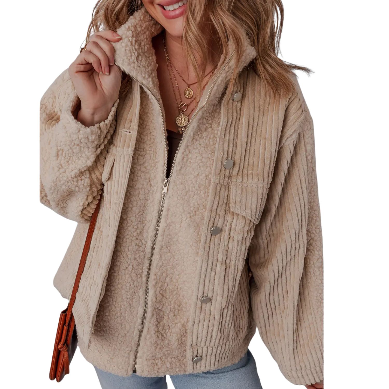 Zip Up Stand Collar Corduroy Sherpa Patchwork Jacket