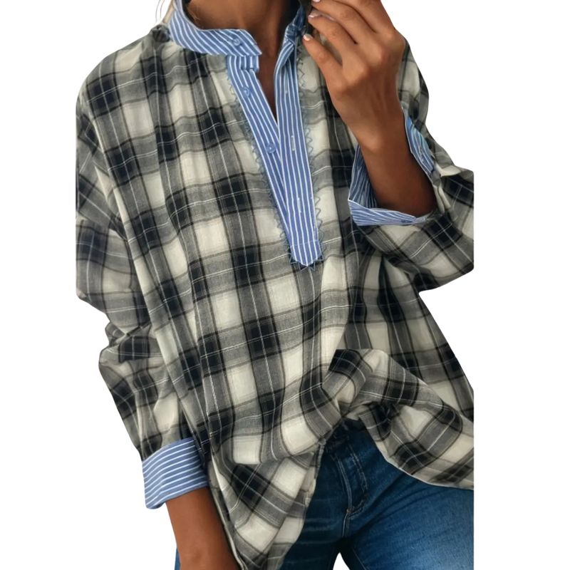Striped Edge Half Placket Plaid Blouse