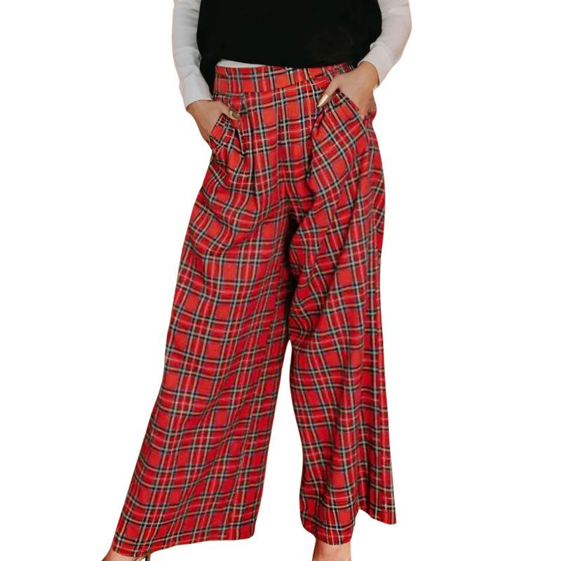 Festive Plaid Wide Leg Pull On Pants