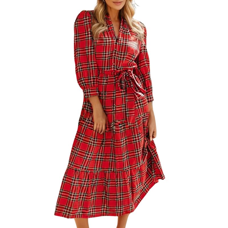 Plaid Tie Waist Ruffle Hem Midi Dress
