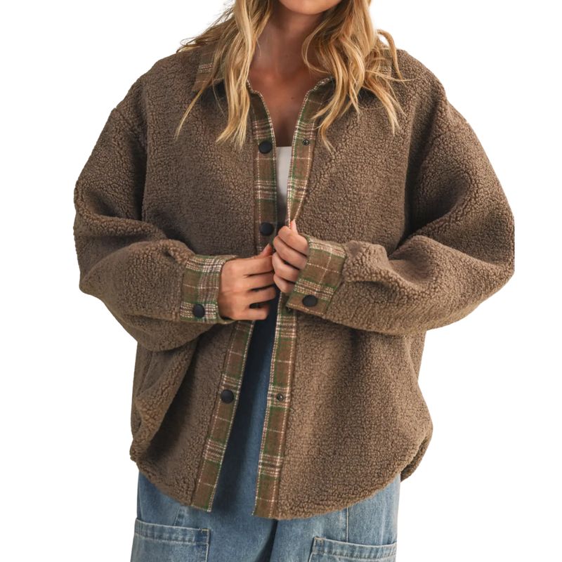 Plaid Contrast Sherpa Button Down Shacket