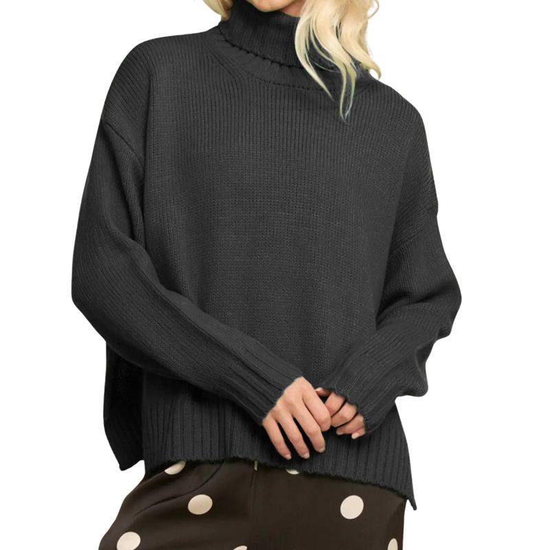 Solid High Neck Long Sleeve Loose Fit Knit Sweater