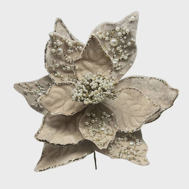Pewter Velvet Pearl Poinsettia Stem 24”