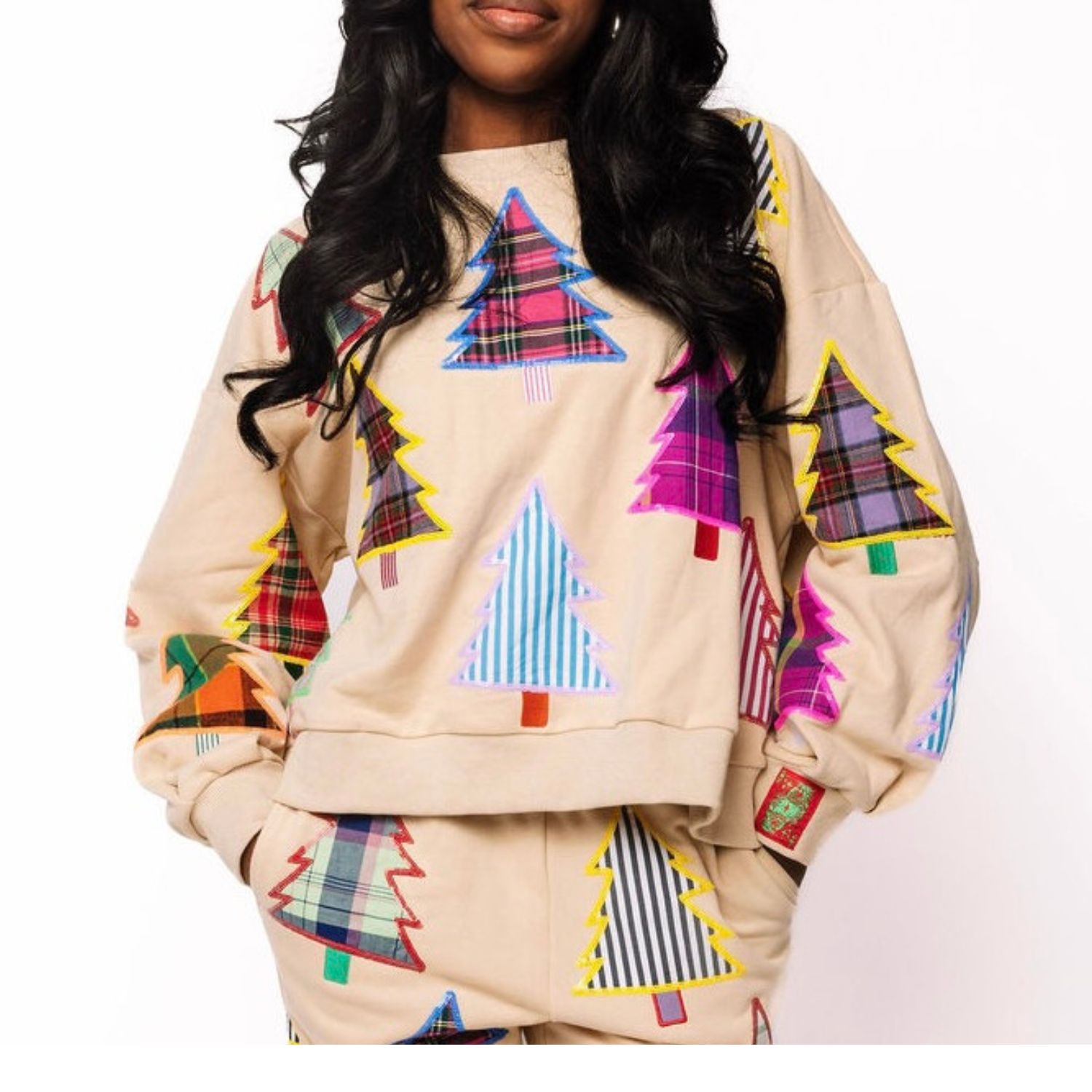 Multi Plaid + Stripe Christmas Tree Sweatshirt | Beige