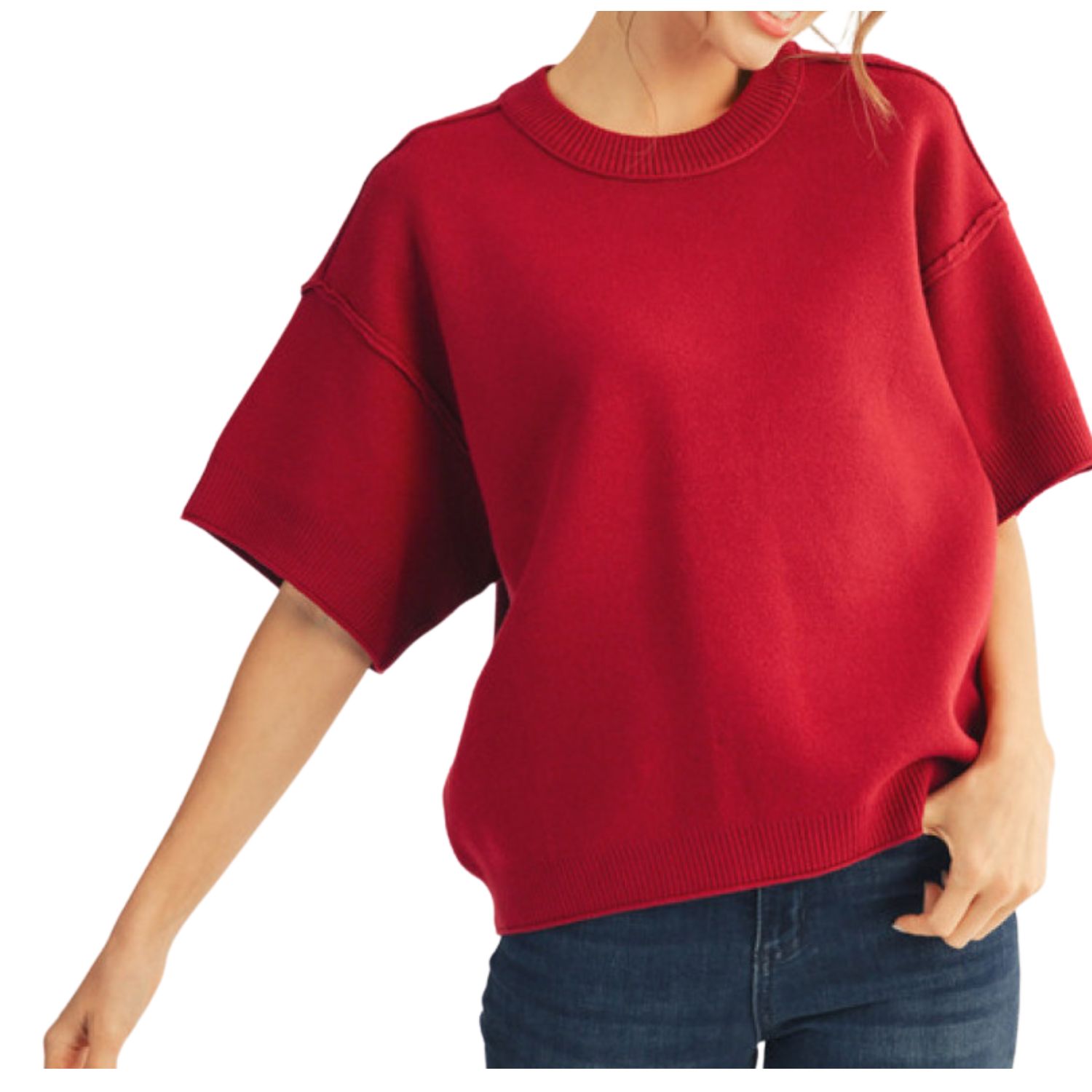 Short Sleeve Mock Neck Sweater-Red