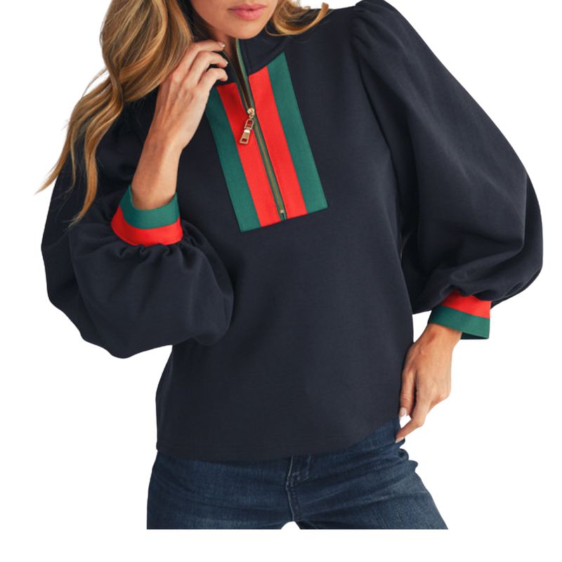 Navy Puff Sleeve Stripe Zip Pullover Top