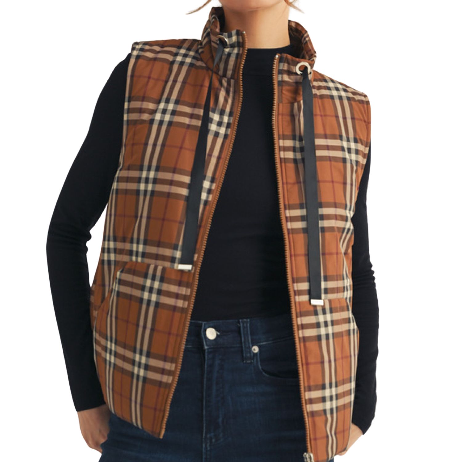 Plaid Zip Front Puffer Vest – Brown Multi