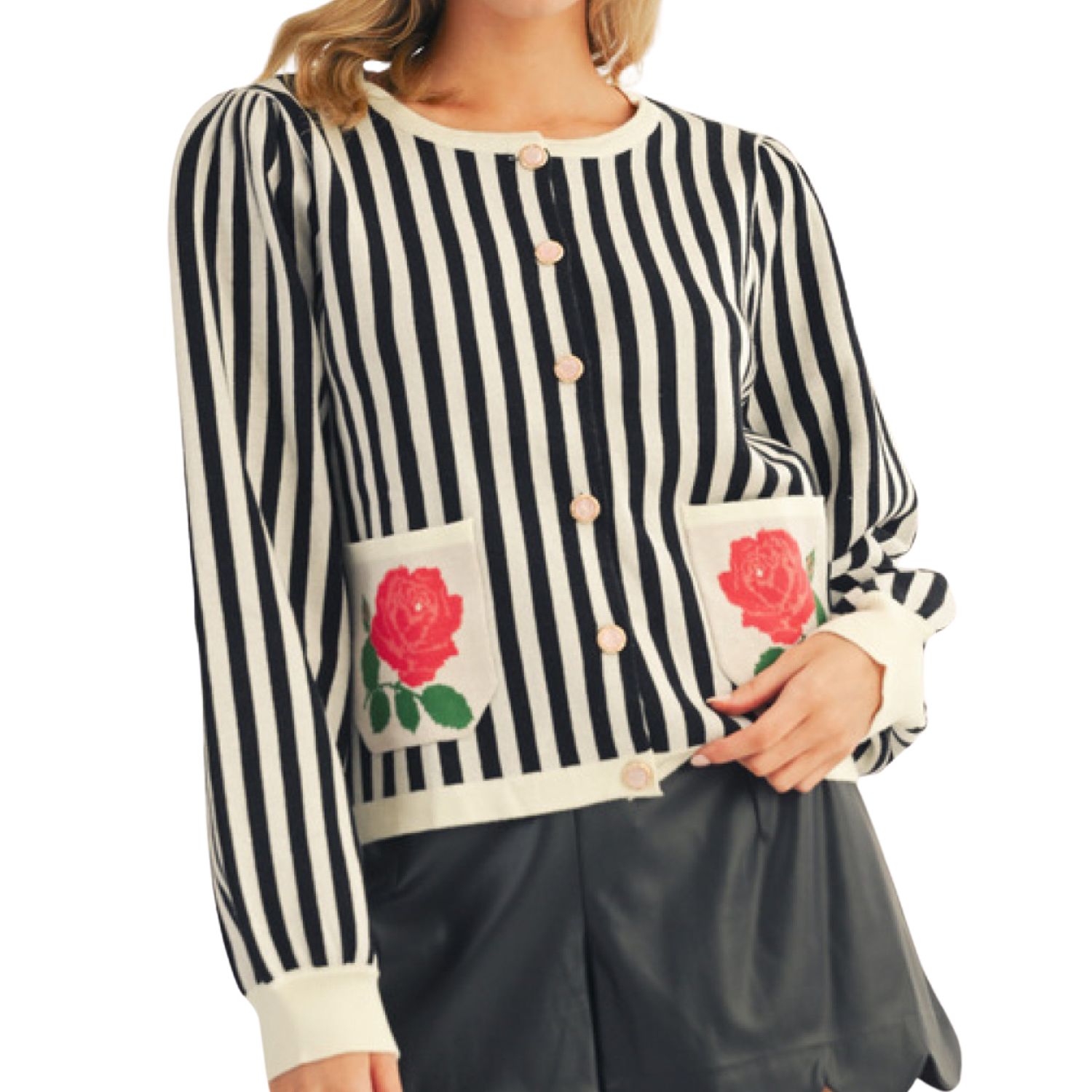 Striped Rose Patch Button Cardigan – Black &amp; Ivory
