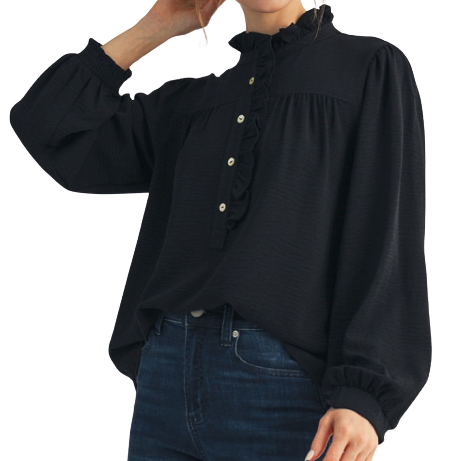 Ruffle Trim Button Front Blouse – Black
