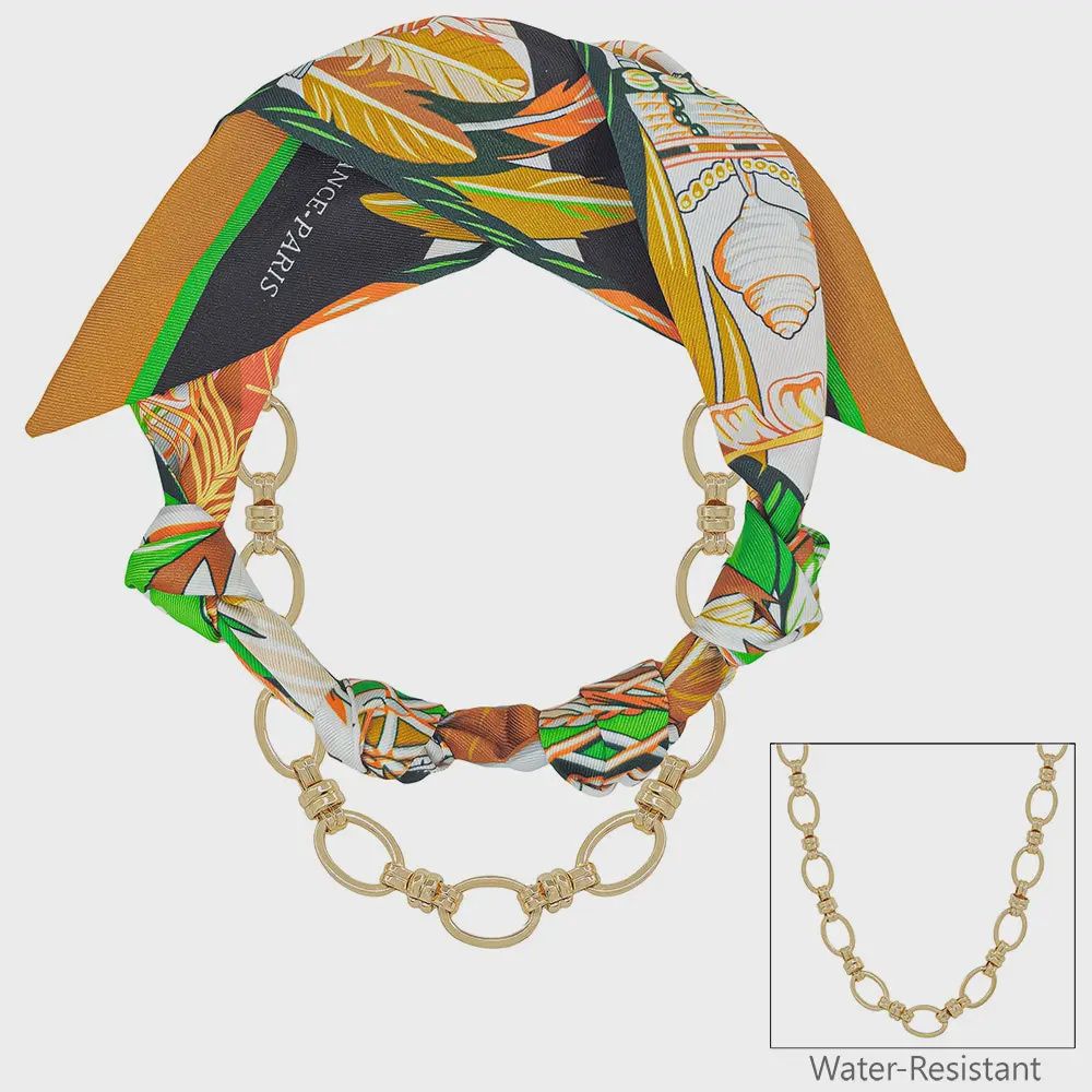 Brown and Cream with Removable Gold Chain Scarf Necklace