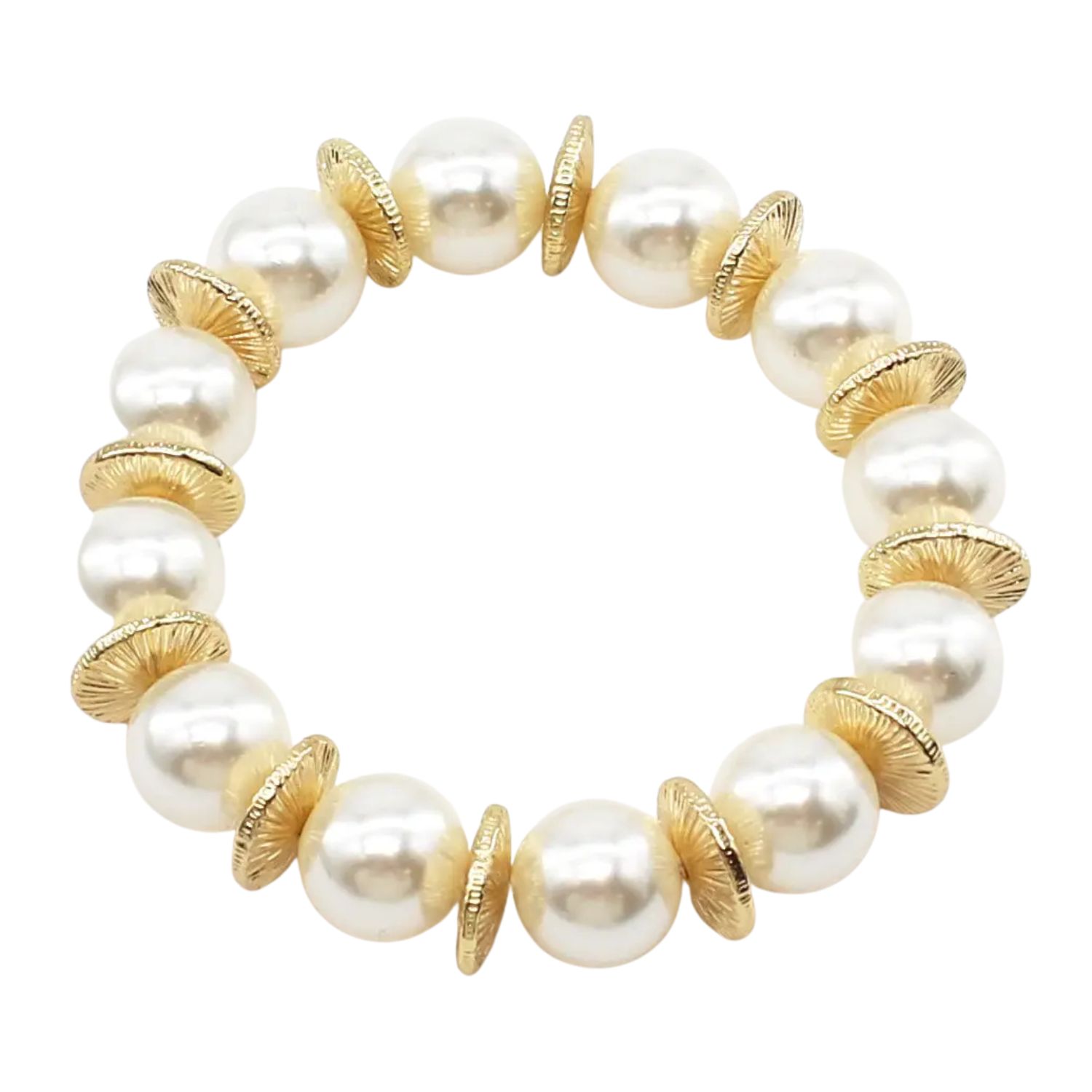 Pearl Beaded with Gold Flat Beaded Stretch Bracelet