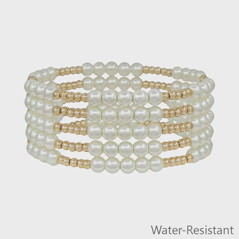 Set of 5 Beaded Pearl &amp; Gold Stretch Bracelets