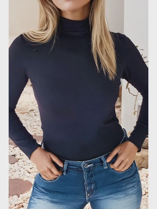 Slim Fit High Neck Long Sleeve Basic Top- Black