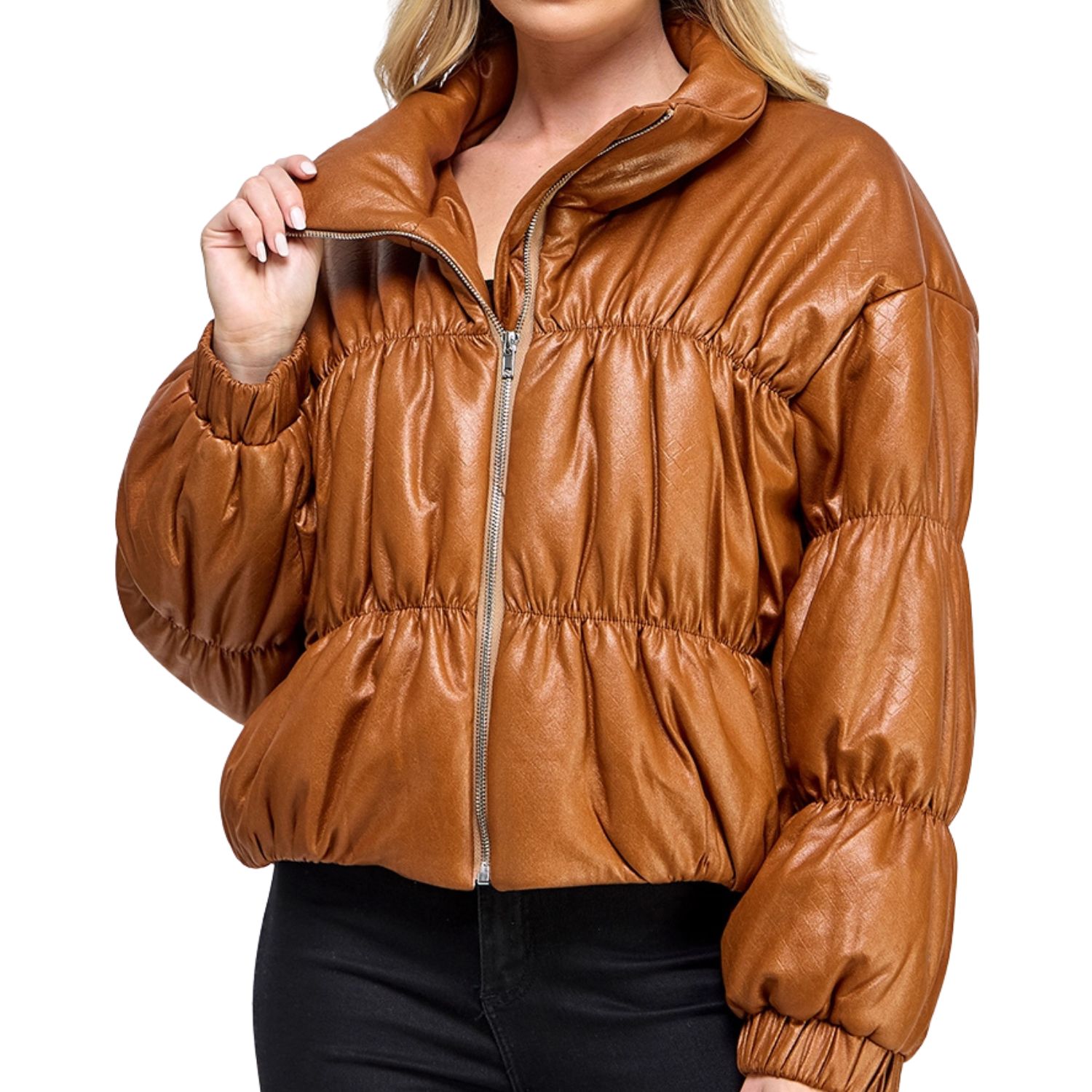 Cayden Faux Leather Puffer Jacket- Camel