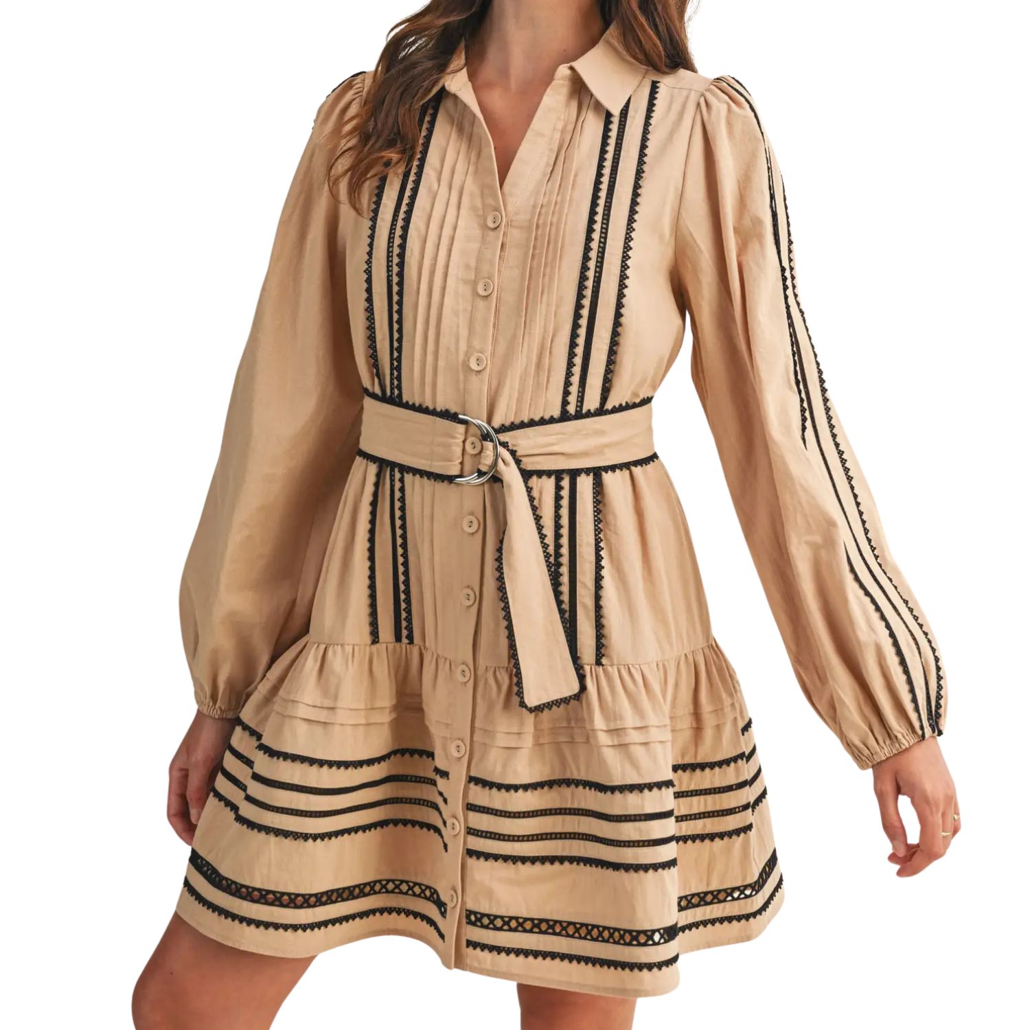 Contrast Lace Trim Belted Mini Dress