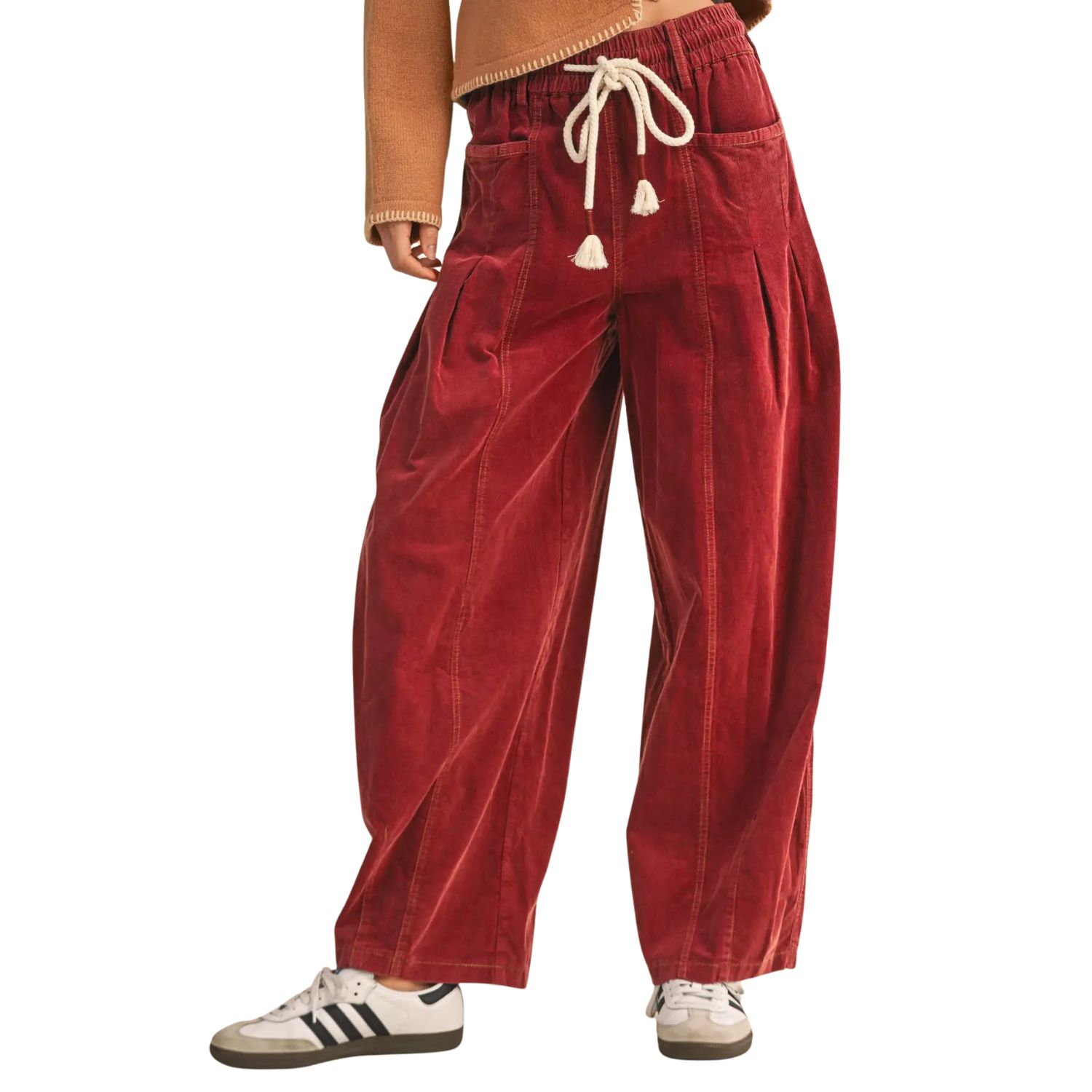 Washed Corduroy Barrel Pants- Burgundy