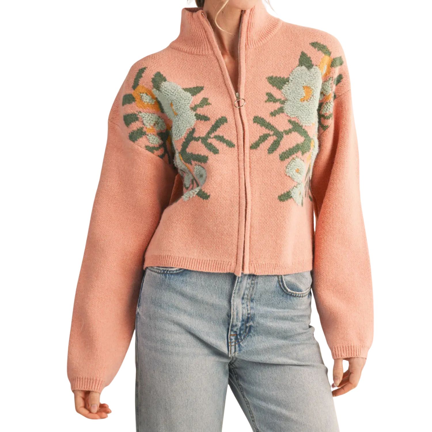 Floral Zip Up Sweater Cardigan