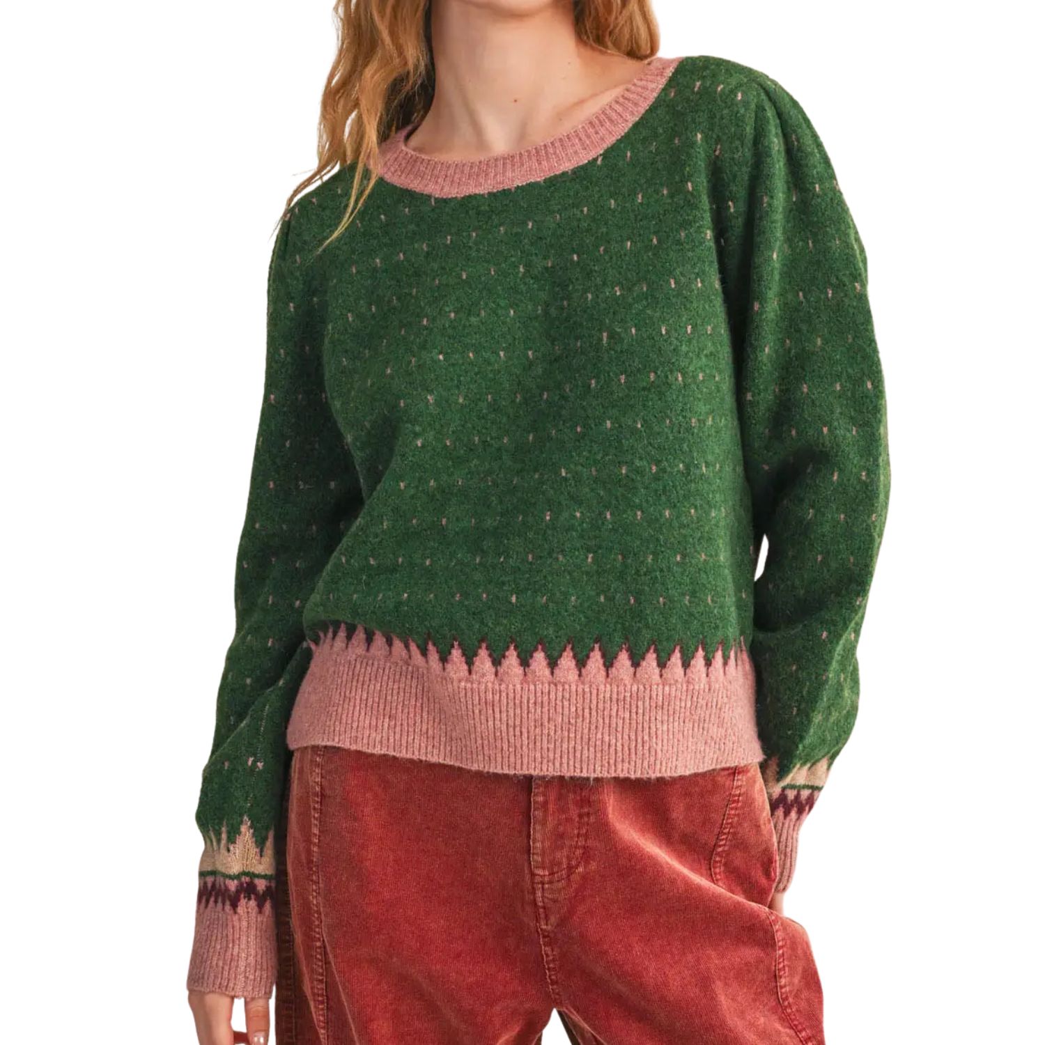 Geometric Knit Sweater- Green