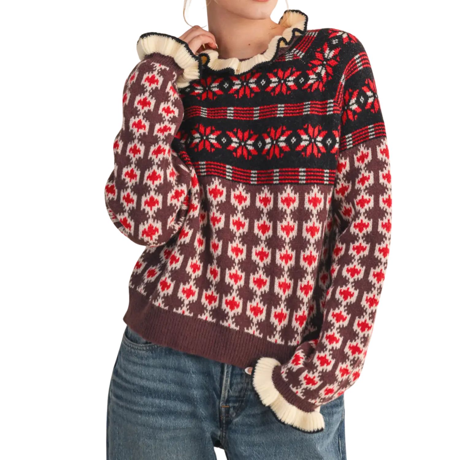 Ruffled Mock Neck Fair Isle Sweater