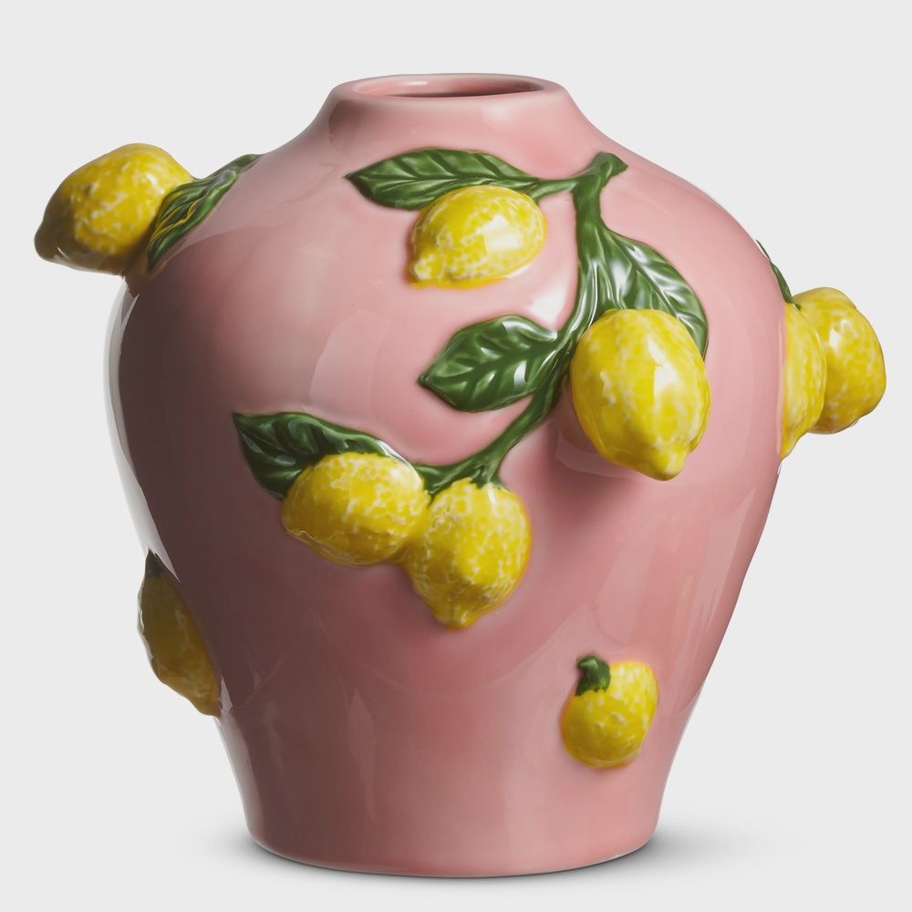 9.5" Pink Vase with Lemons
