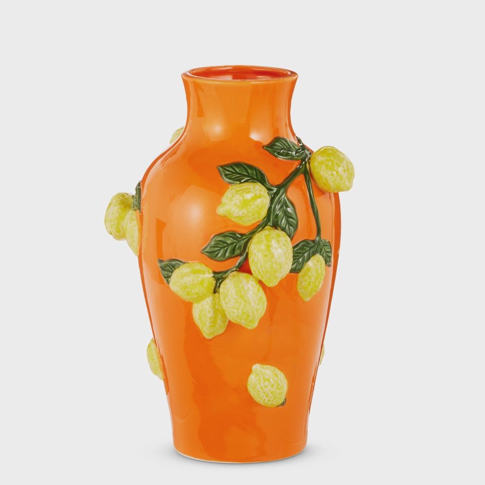 13" Orange Tall Vase with Lemons