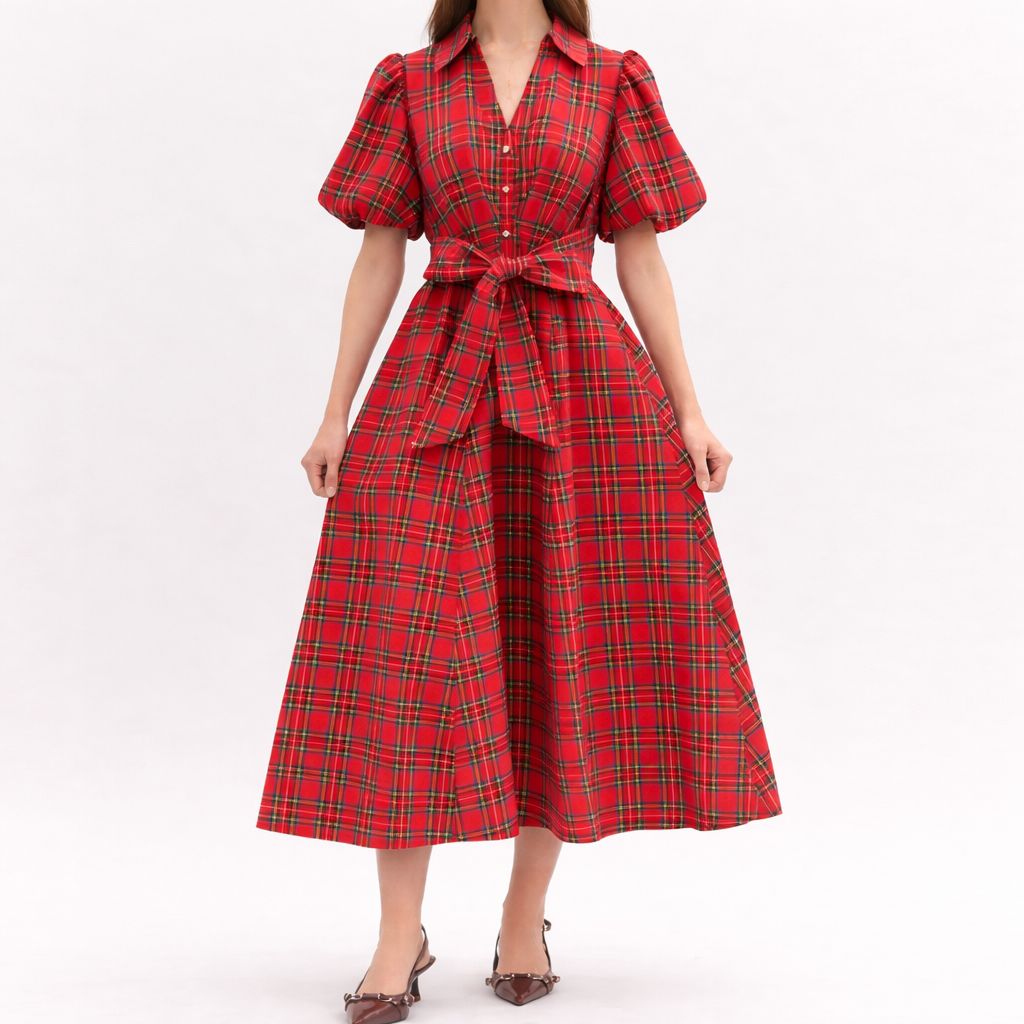 Holiday Plaid Puff Sleeve Midi Dress – Red Tartan