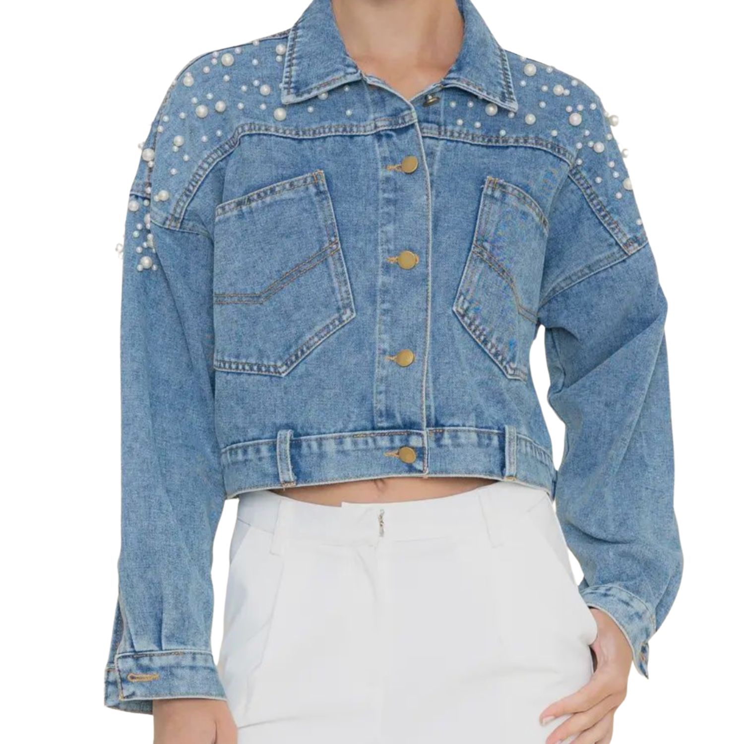 Pearl Shoudler Denim Jean Cropped Jacket