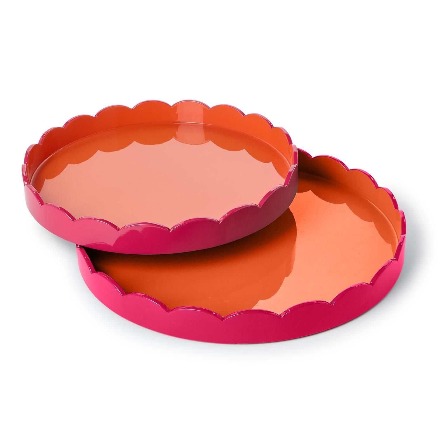 Scalloped Pink and Orange Dual Tone Lacquered Trays- 2 Sizes