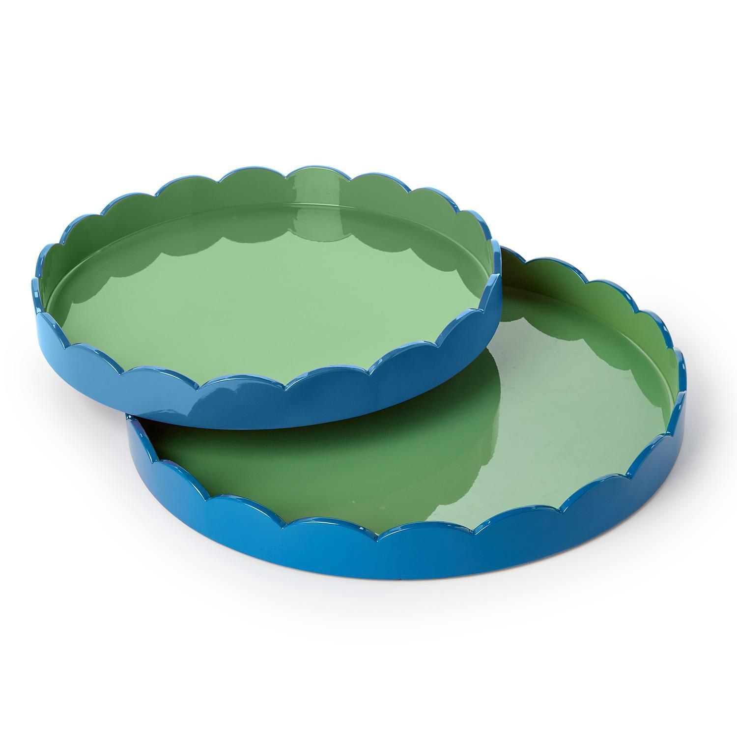 Scalloped Blue and Green Dual Tone Lacquered Trays- 2 Size