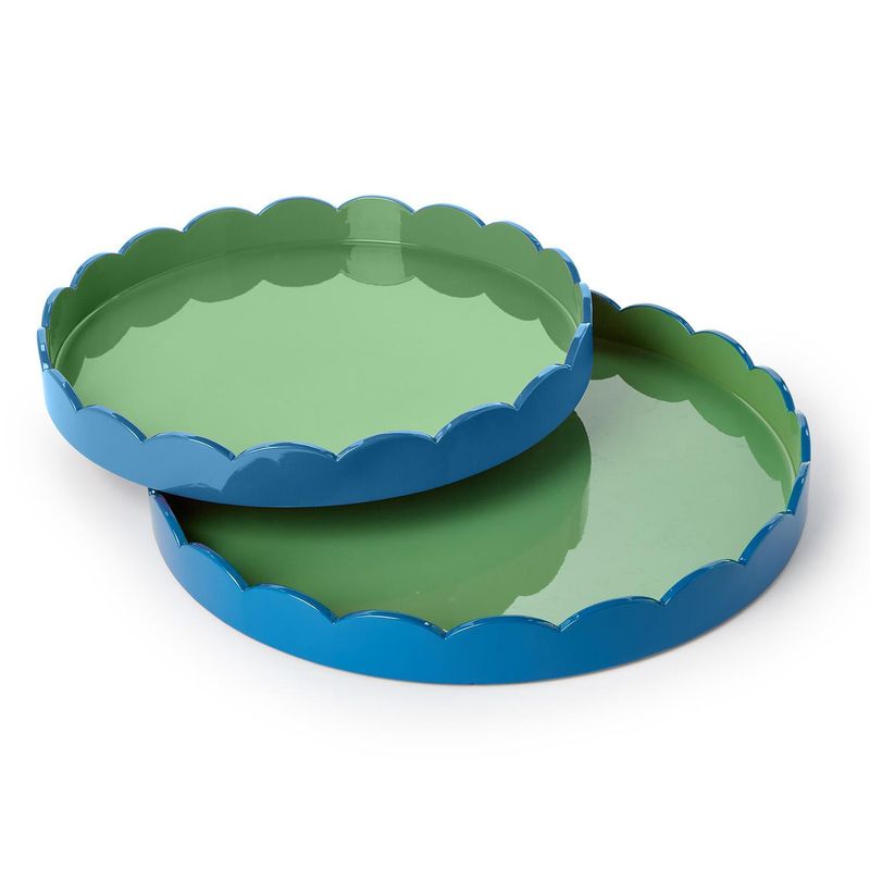 Scalloped Blue and Green Dual Tone Lacquered Trays- 2 Size