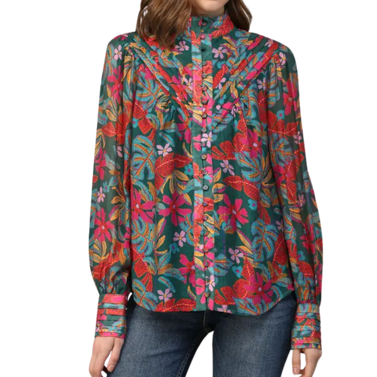 Tucked Yoke Detail Standing Collar Blouse