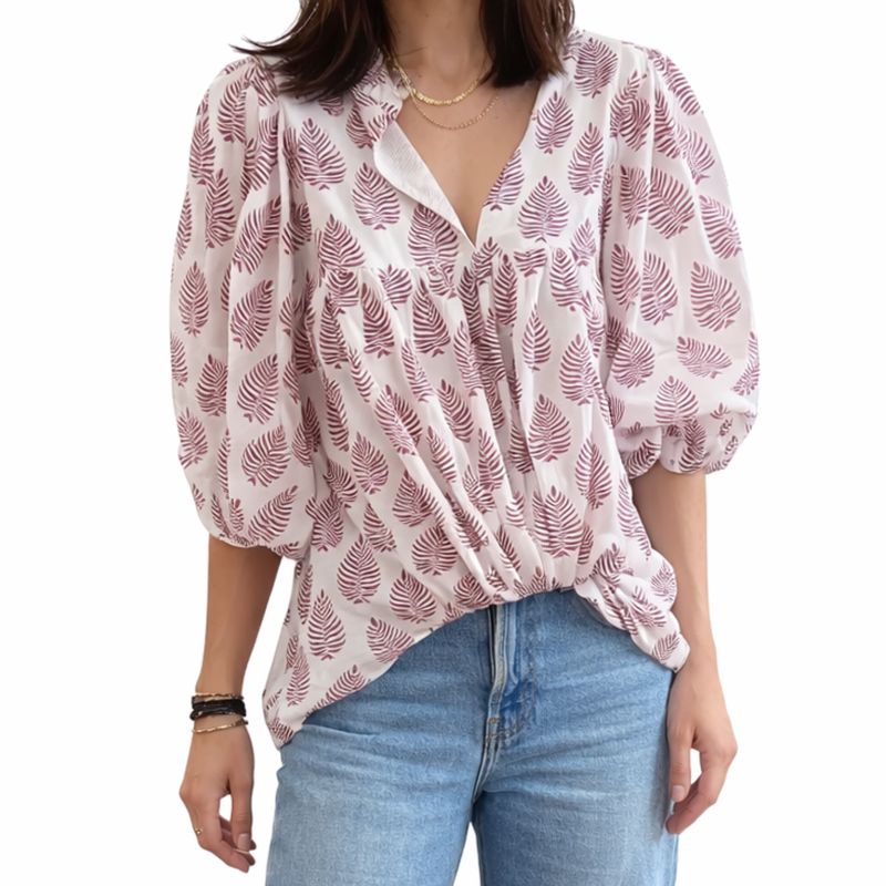Burgundy Printed Classic Blouse with Puff Sleeves